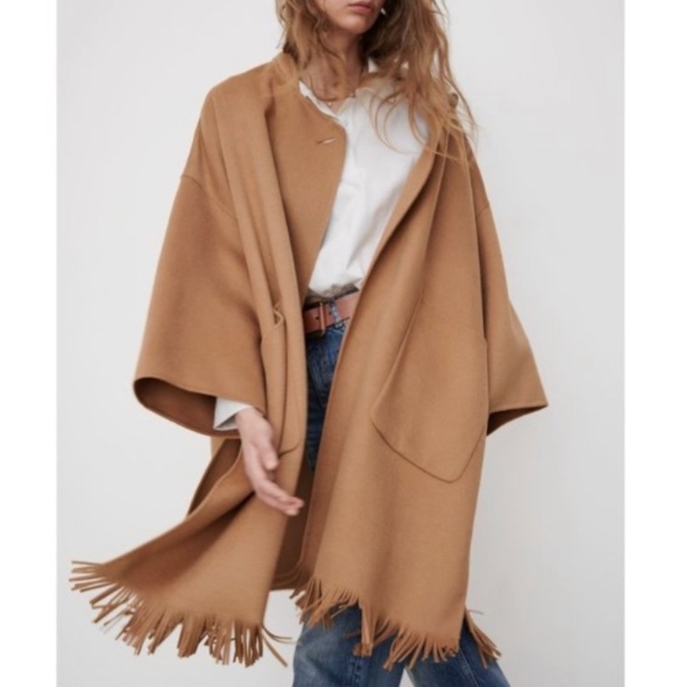 Zara wool fringe coat tan